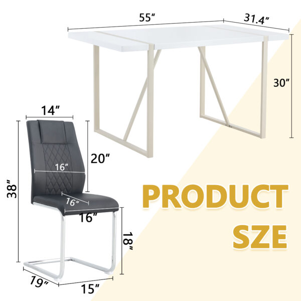 cbd17fced87546329cc276b75a26dffe_e3a03681e69d8a5b7b1e7e2146edb22f Table and chair set.55"x31.4" Cream-Style White MDF Dining Table Set with 6 Black Chairs With Silver Metal Legs.MDF Tabletop and metal frame legs.Adding a warm and gentle atmosphere to your family.