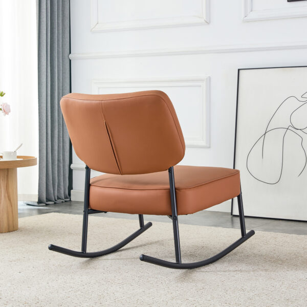 PU material cushioned rocking chair, unique rocking chair, cushioned seat, brown backrest rocking chair, black metal legs. Comfortable side chairs in the living room, bedroom, and office