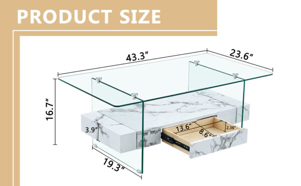 cc3274e8f4b248c3a7ec0b7d44e2ad22_2b27c8a5b9b1614f8d0feddcecafa44c 43.3 Inch Modern Two-Tier Coffee Table - Clear Tempered Glass and White Marble Texture, Multifunctional Storage Design.The bottom tier includes a drawer.Can be used as a coffee table,side table,etc.