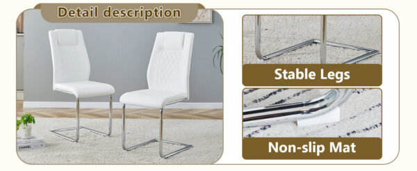 cc3aafc7b38a4428aea9281385fc1ee5_a6b79fbeb7504dab324945de47eadf6e Table and chair set.63*31.4 Inch Luxurious Cold Jade Sintered Stone Dining Table Set - 6 White High-quality PU Chairs With Arched Silver Metal Legs.Perfect For Dinner Room,Meeting Room,Kitchen,etc.