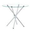 Round clear glass dining table with a unique shape for 4-6 people, with ring-shaped gathered silver metal legs, suitable for desks, kitchens, terraces, dining rooms.