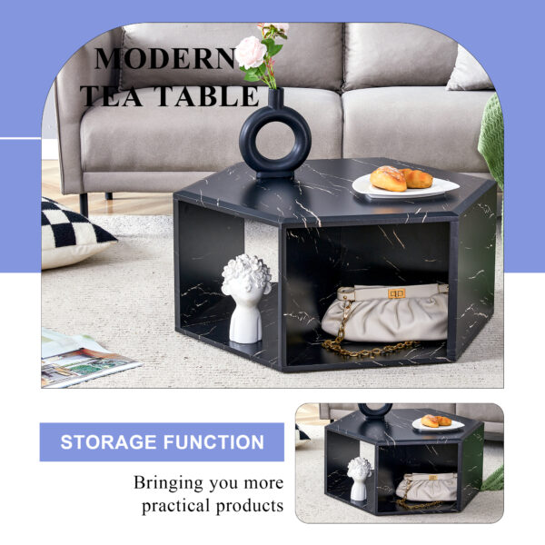 cc63873b21b64c7e828d1e0df771ec2d_3d46f388183cced0a63d05703448f29d Modern Minimalist Black Hexagonal Coffee Table Set.Hexagonal MDF coffee table, characteristic pattern stickers, multi-hole design to give more storage space.Two coffee tables of different sizes.