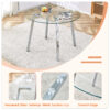 Table and chair set.Modern circular transparent tempered glass table, tempered glass tabletop, silver metal table legs.A Set of 4 White PU Comfort Dining Chairs with extended backrest.