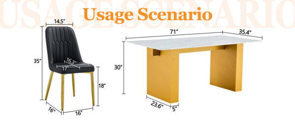 cc6a81a7df764b9e90d0ebabf3fb3071_5d4d399e68e1611b22a319cef64ce872 Table and chair set.Luxurious Style Tempered Glass Dining Set-71"x35.4"with 8 Black PU Chairs with Simple Line Designs On The Backrest .Golden Metal Legs.Tempered Glass Top With White Texture sticker.