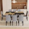 Table and chair set.71*35.4 inch Wooden And Black Spliced Dining Table With Storage Function In The Middle Of The Table Legs.Paired With 8 Light Gray Linen-Cotton Dining Chairs, Simple And Versatile.