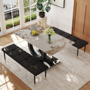 Table and chair set.63*31.5 Inch Pandora Pattern Sintered Stone Dining Table Set,MDF material OC shaped bracket,Paired With 2 Benches,A Choice of Subtle Luxury for Modern Homes.