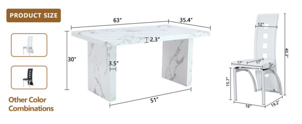 cc99b94df9d74415aaa355252678fc7f_02cbf7843d3f94162f7f1a4e3e172ca7 Table and chair set.63"*35.4" White Imitation Marble Pattern MDF Dining Table Set - 6 PU Chair With White Saddleback, Geometric Pattern Backrest,Silver Curved Metal Leg.Suitable For Various Scenes.