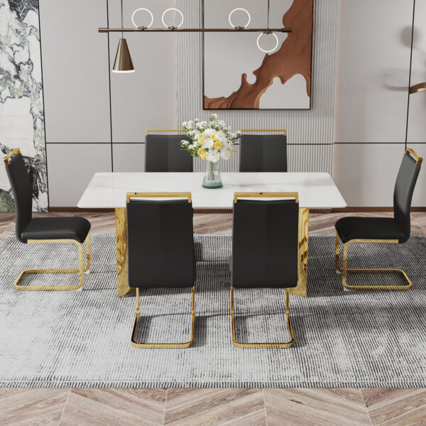 ccbb57f6bfb94d43b5f901aef5326737_20231122_c5025314fe04b12c5f7605f5879f4019 Modern minimalist dining table. The white imitation marble glass desktop is equipped with golden metal legs. Suitable for restaurants and living rooms 71 "* 39.3" * 29.5 "DT-69