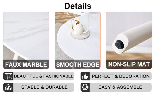 ccc167a5dee4449b9479df607a377e2a_dadb97f9dc5021362f2aa51da5b93d6d Table and chair set, MDF desktop, white metal table legs, stable and beautiful, suitable for most styles of home. Modern simple dining table, comfortable seating.