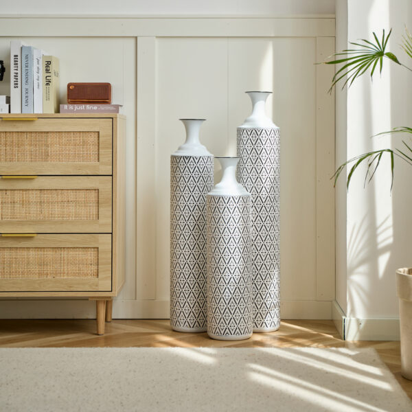cce1cb2d918d4223ae41748e7c701b99_49cee4ca2be507d82134db86fc148953 Floor Metal Vases Decorated White Metal vases Set of 3 gorgeous home decoration large glazed metal vases 24in/28.7in/33.5in height