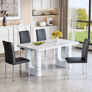 Table and chair set.64.5x35.4 Inch Stylish White Marble Textured Dining Table.Paried With 4 Black PU dining chairs, Silver Metal Legs.Simple and versatile.High Elasticity Sponge Filling.