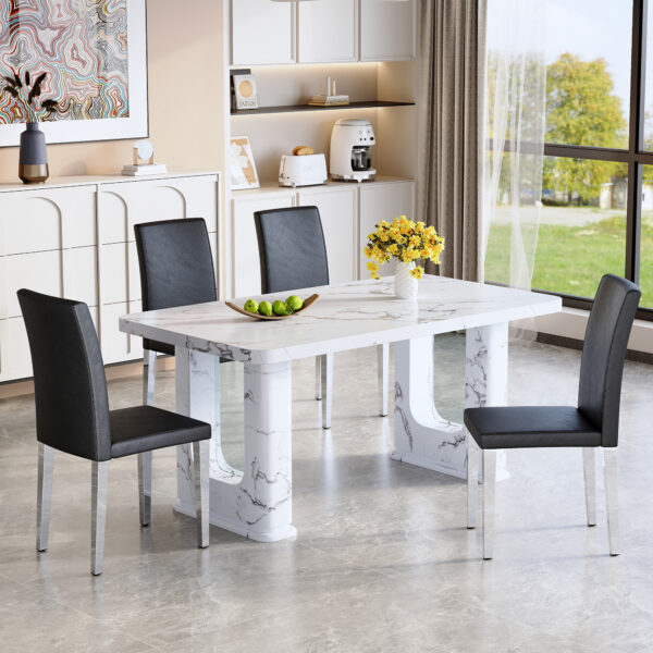 cce6ef77f470400a991c9bd1e86d318c_d682c885d9ebbb0f5ec4883509d8b4c8 Table and chair set.64.5x35.4 Inch Stylish White Marble Textured Dining Table.Paried With 4 Black PU dining chairs, Silver Metal Legs.Simple and versatile.High Elasticity Sponge Filling.