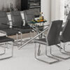 Table and chair set.Modern Luxurious Transparent Tempered Glass Dining Table Set with 8 Chairs.Single fork silver metal table legs.Dark gray high-quality PU dining chairs with silver metal legs.
