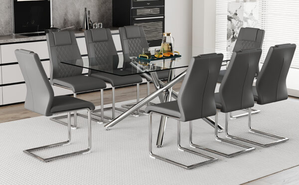 ccfdc6280a634c51ad7add479ad55b52_da243466a1950278a4f10738831f1e88 Table and chair set.Modern Luxurious Transparent Tempered Glass Dining Table Set with 8 Chairs.Single fork silver metal table legs.Dark gray high-quality PU dining chairs with silver metal legs.