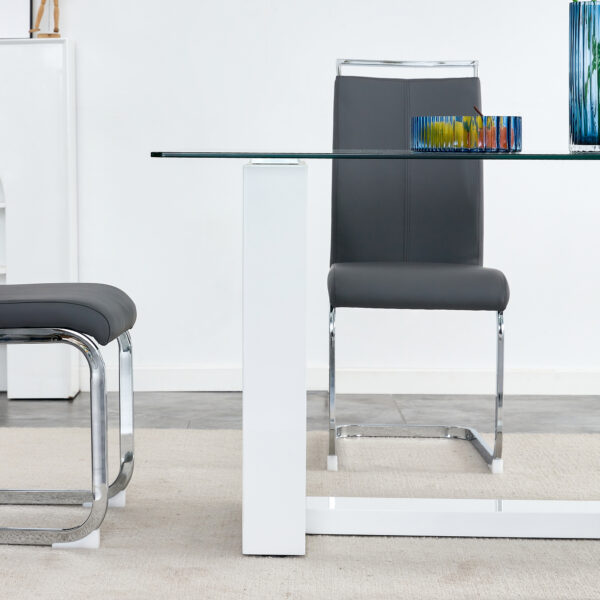 Glass Dining Table Large Modern Minimalist Rectangular for 6-8 with 0.4" Tempered Glass Tabletop and white MDF Trapezoid Bracket,For Kitchen Dining Living Meeting Room Banquet Hall F-1550