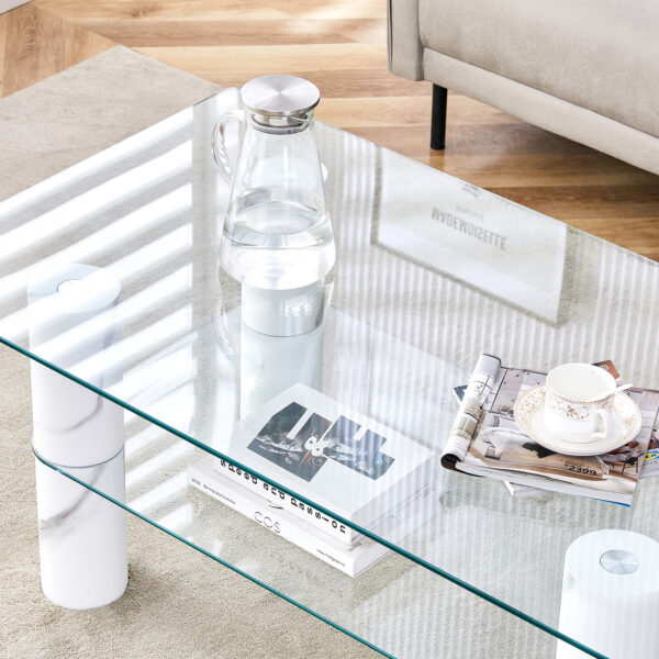 cd16ee00d4e34e3a995b9ad07abfc7e0_20240311_f7a03297b63eb17f3ef09d98995dbc10 Modern minimalist double layered transparent tempered glass coffee table and coffee table, paired with white MDF decorative columns. Computer desk. Game table. CT-X02