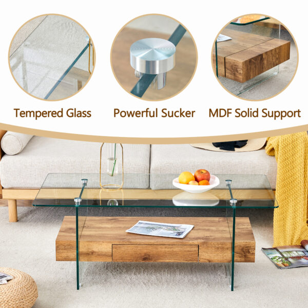 cd1d1e4896c046a0be10ac32fe142c66_c5f2b3f963047475b66977a8c3871a28 43.3 Inch Modern Two-Tier Coffee Table - Clear Tempered Glass and Natural Wood Grain, Multifunctional Storage Design.The bottom tier includes a drawer.Can be used as a coffee table,side table,etc.