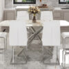 Table and chair set.Modern Luxurious white Marble-Patterned Tempered Glass Dining Table with 6 Chairs.Single fork silver metal table legs.White high-quality PU dining chairs with silver metal legs.