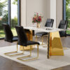Table and chair set.63"x31.5x30" Luxurious Pandora patterned Sintered Stone Tabletop with Golden Stainless Steel Butterfly Legs.Paried With 4 Black High-quality PU Chairs With Arched Metal Legs.