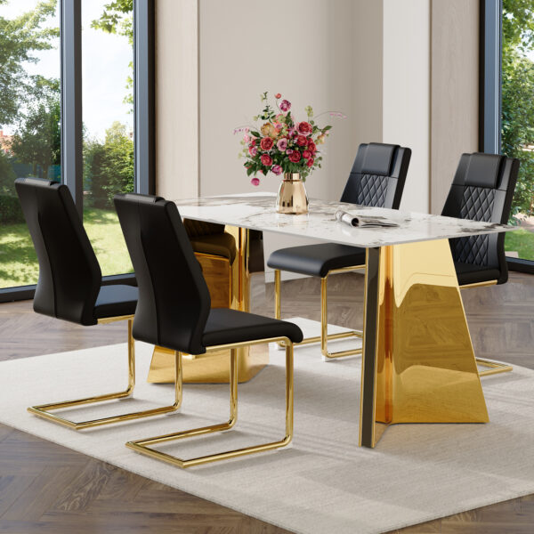 cd823876534f4448843108dc7819faa2_3c1afcc0945243fc860fdedf738b1b8f Table and chair set.63"x31.5x30" Luxurious Pandora patterned Sintered Stone Tabletop with Golden Stainless Steel Butterfly Legs.Paried With 4 Black High-quality PU Chairs With Arched Metal Legs.