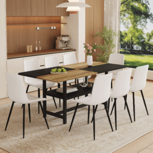 Table and chair set.71*35.4 inch Wooden And Black Spliced Dining Table With Storage Function In The Middle Of The Table Legs.Paired With 8 White Artificial PU Chairs With Curved Widened Cushion Design
