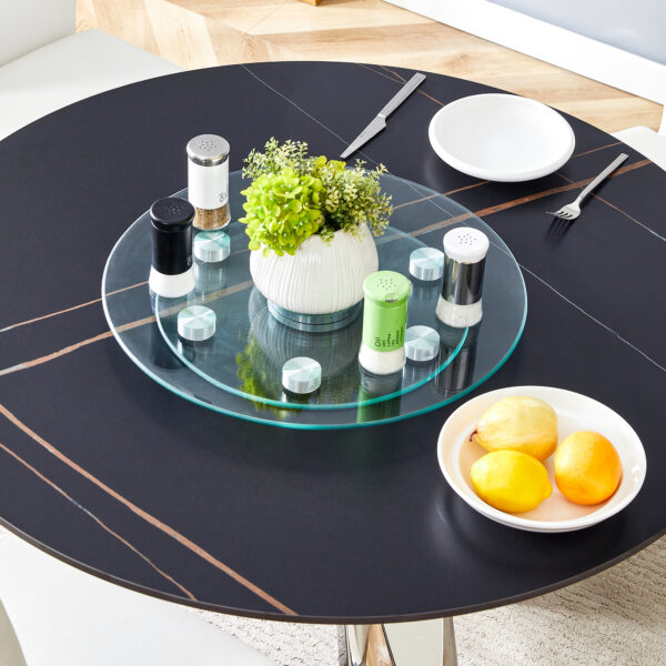cdabbe781204412ebbfc74ce28bff4f3_d1e1b650113bde6b2bc9dac756a6d01a Double layer rotatable round glass.The rotatable design makes it more convenient to retrieve and place items.The upper glass has a diameter of 20 inches, while the lower glass15 inches.