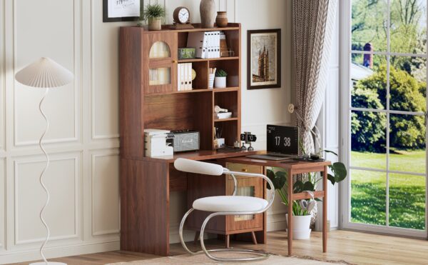 Computer Desk with 90 Degree Rotating Desktop, 43x70 Inch Office Desk with Storage Drawer and Cabinets, Gaming Desk with Shelves, Writing Desk for Study, Work Desk for Home Office Bedroom Living Room