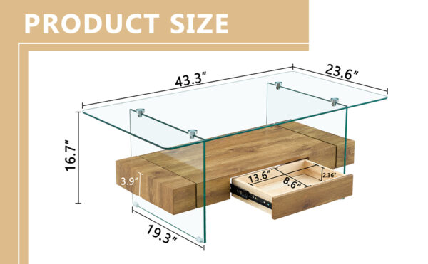 cdc692f94a1b42bfb8530d406daa64fe_e063d0a78eb9a2090405f03a5dd00635 43.3 Inch Modern Two-Tier Coffee Table - Clear Tempered Glass and Natural Wood Grain, Multifunctional Storage Design.The bottom tier includes a drawer.Can be used as a coffee table,side table,etc.