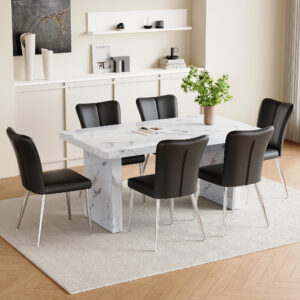 Table and chair set.63"*35.4" White Imitation Marble Pattern MDF Dining Table Set - 6 Black PU Chairs with a vertical stripe design on the backrest.Create Your Exclusive Low-Key Luxury Space.