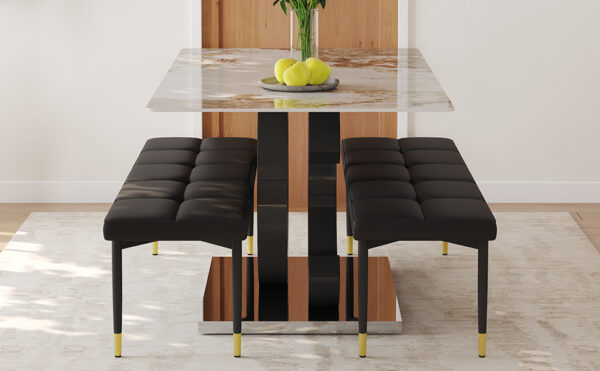 cde16b88958c4a42993ccae59cbcef01_3a7dd17ca30a918bce32796e9a568b20 Table and chair set.63*31.5 Inch Pandora Pattern Sintered Stone Dining Table Set,MDF material OC shaped bracket,Paired With 2 Benches,A Choice of Subtle Luxury for Modern Homes.