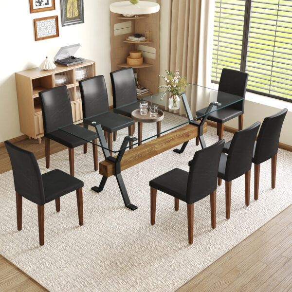 cdee674140734fd8969673dbeb613f20_4956f723fc3cce75d208cb055ac3ed99 Table and chair set.79"x31.5" Inch Tempered Glass Tabletop With X-shaped Black Metal Table Legs,Wood Grain Textured MDF Crossbeam.Paired With 8 Black PU Dining Chairs with Walnut Color Metal Leg.