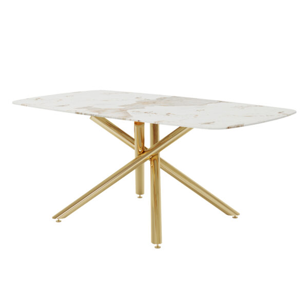 cdf5e4d3b8e5451cb7b1a0e7462d37ca_d80489fa6357f30771f5fbb113d81f08 Table and chair set, large modern minimalist rectangular dining table, 0.39-inch imitation marble tabletop and golden metal legs, soft leather seats. F-1537