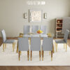 Table and chair set.71 * 35.4 inch rectangular dining table.Tempered Glass Tabletop,Golden 7-shaped Metal Table Legs.Paried With 8 Light Gray PU dining chairs, Golden Metal Legs.Simple and versatile.