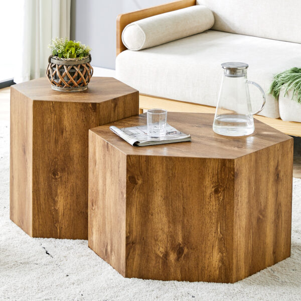 ce00c4bacdee424ebecb3e9aad63896a_304171c9b3f72960251b4681eb19e355 Modern Minimalist Set of Two Hexagonal Wood-Grain MDF Coffee Tables.Modern MDF coffee table, with complex texture patterns, style and texture coffee table to redefine your interior decoration.