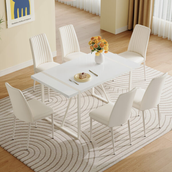 ce13a89dff454c718d4b7882b360fa85_b7a5ac5211fc9622ba633f5016004a3f 55"x31.5"Cream-Style White MDF Dining Table Set with 6 Armless Chairs.The backrest of the dining chair is designed with multiple vertical stripes.Adding a warm atmosphere to your family.