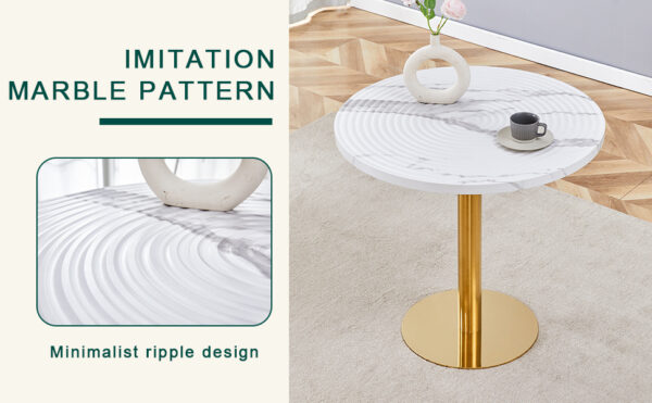 ce17ace737d94cd09325ce85136367da_cb05ad555353d0371e347baca4aee351 Table and chair set.31.5 Inch Elegant White Marble Pattern Round Dining Table - Suction Molding Annular Texture.Paired With 4 Black PU Chairs with Simple Line Designs On The Backrest.