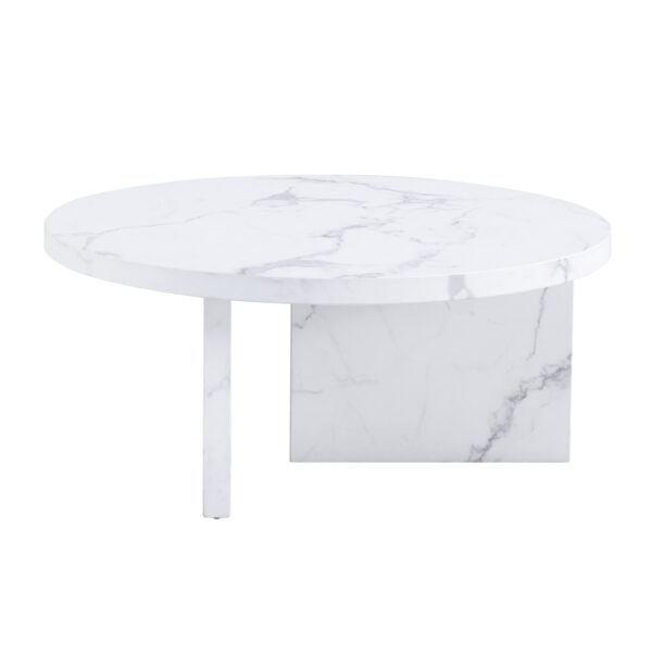 ce43e24128d84dbbaf802d1155fdb509_20240123_bdea8c7604f6154265d3cb171b0dc078 A white MDF material circular patterned coffee table, a 31.4-inch white center table, modern coffee table, suitable for small spaces and living rooms.