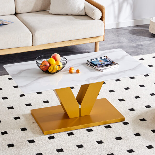 ce62761b33cb4ca083db19151fad255f_39e99a09676f978c2fdc530ed279dc06 Modern minimalist coffee table. Tempered glass with stickers tabletop,golden MDF pillars. Suitable for living room and dining room