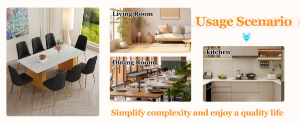 ce6fbaa80a844b569b81364652dd65f7_b39520ade703b6cf05736e3425e74c14 Table and chair set.Luxurious Style Tempered Glass Dining Set-71"x35.4"with 8 Black PU Chairs with Simple Line Designs On The Backrest .Golden Metal Legs.Tempered Glass Top With White Texture sticker.