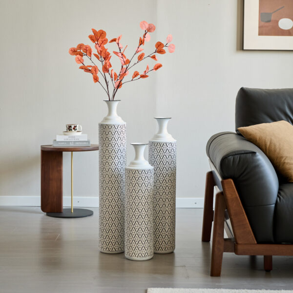 ce7b550060c74023a46f86c5b89a6eeb_d94097dcdf3b5c5d99d64181751fb14f Floor Metal Vases Decorated White Metal vases Set of 3 gorgeous home decoration large glazed metal vases 24in/28.7in/33.5in height