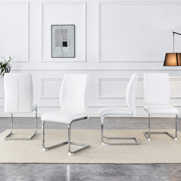 ce9bbc0b2fa243d680ec2ca739b9b33a_f7e666a66148d19ea5b9bc3ffe070421 Luxury Simple Arch Chair - Set of 4 White PU Material High Resilience Dining Chair with Arched Metal Silver Leg.