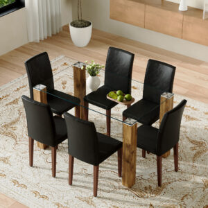 Table and chair set.A 49.6*30 Inch Transparent Tempered Glass Dining Table With Natural Wood Grain MDF Legs.Paired With 6 Black PU High Resilience Dining Chair with Walnut Color Metal Leg.