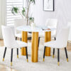 Table and chair set, round table with white marble pattern, gold MDF table legs, soft and comfortable dining chair, suitable for kitchen and living room