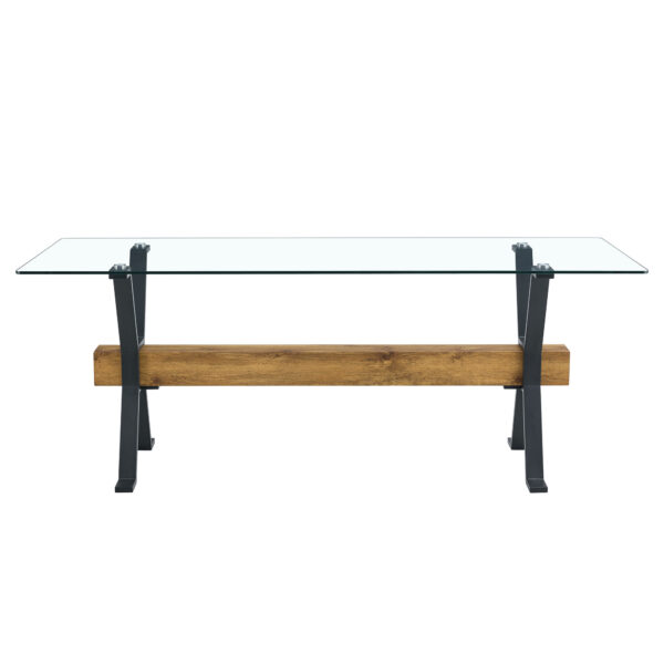 cecf694ef7ec426e9ba943e8f30bd9e9_b9a4826b729ac7d305220bc20477ebc0 Table and chair set.79"x31.5" Inch Tempered Glass Tabletop With X-shaped Black Metal Table Legs,Wood Grain Textured MDF Crossbeam.Paired With 8 Black PU Dining Chairs, Simple And Versatile.
