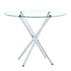 Round clear glass dining table with a unique shape for 4-6 people, with ring-shaped gathered silver metal legs, suitable for desks, kitchens, terraces, dining rooms.