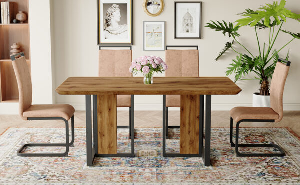 ceeaff3801d4467485d797ff27d9b80b_b3435348208f3b6e718fec96f38d3f79 Table and chair set.67"x36" Wood-Textured MDF Dining Table Set with 4 Brown Fabric Chairs.MDF sticker,Wood colored texture sticker,Black C-tube dining chair legs,Suitable for kitchen,Dining room,etc.