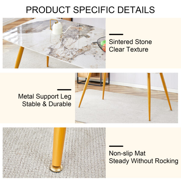 ceebbce95724475a9ce0ba968e950e7f_6c5e2211287800775ca89344aed78e9d Modern minimalist dining table. White imitation marble pattern SINTERED STONE desktop with golden metal legs.62.2"*34.6"*30" F-001