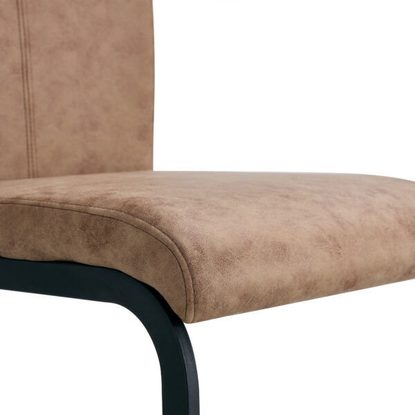 cf0d29718c774e70b0dd8dcd2e7baaac_6925a02101fc7a33c94fdf19a2e15aef Table and chair set.64.5 x 35.4 Inch Stylish Wood Color Textured Dining Table.Perfectly Blending Simplicity And Transparency.Paried With 4 Brown technology fabric chairs with arched black legs.