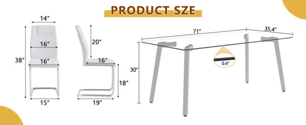 cf0e8a832f9b4d52a3e54f16f57e9099_a5f042301acdab30707a9cd0c2daf05b Table and chair set.71 * 35.4 inch rectangular dining table.Tempered Glass Tabletop,Silver 7-shaped Metal Table Legs.Paried With 6 White High-quality PU Chairs With Arched Metal Legs.