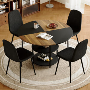 Table and chair set.A 47.3-inch diameter modern splicing circular dining table - double-layer storage.Paired With 4 Black Linen-Cotton Material High Resilience Dining Chair with Metal Black Leg.